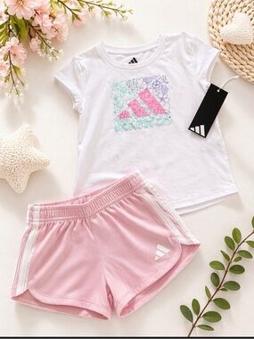 Adidas Toddler Girl 2-Piece Set | Pink Shorts & Graphic Tee | Size 3T | NWT